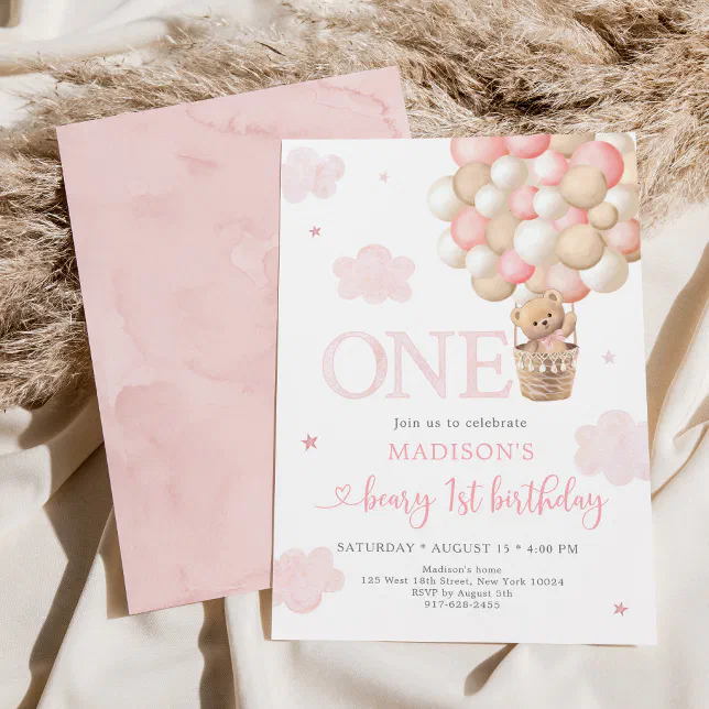 Pink Teddy Bear Balloon Beary First Birthday Invitation | Zazzle