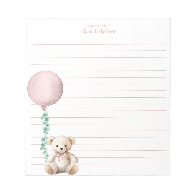 Pink Teddy Bear Balloon Personalized Notepad (Front)