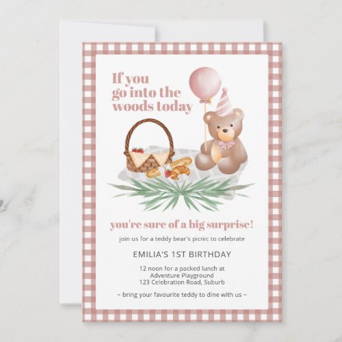 Pink Teddy Bear Balloon Picnic 1st Birthday Invitation