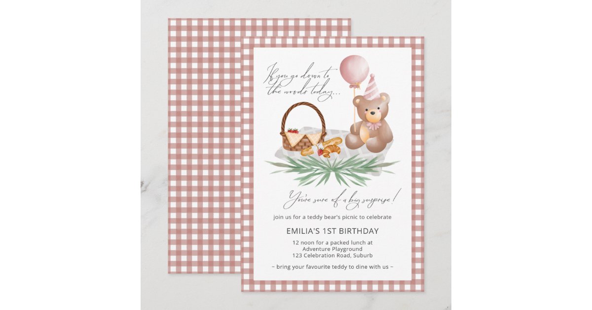 Pink Teddy Bear Balloon Picnic 1st Birthday Invitation | Zazzle