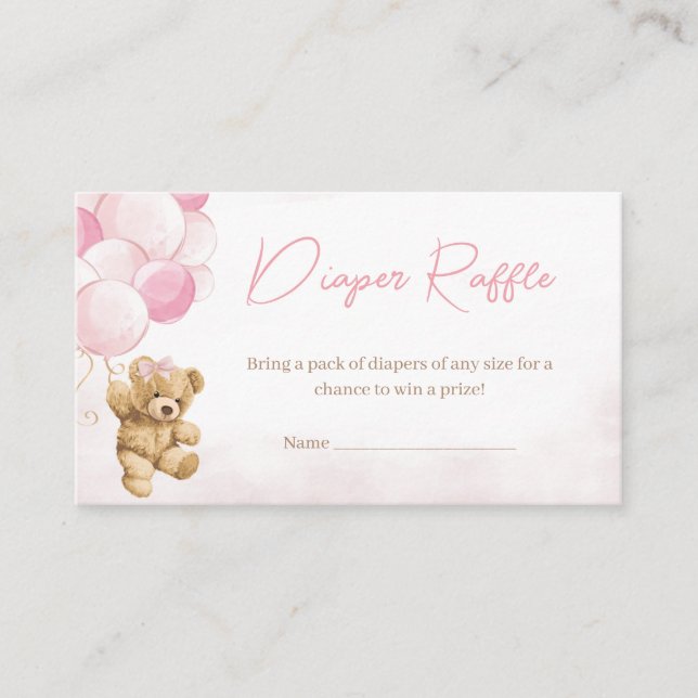 Pink Teddy Bear Balloons Baby Shower Diaper Raffle Enclosure Card (Front)