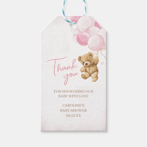Pink Teddy Bear Balloons Baby Shower Favor Tags