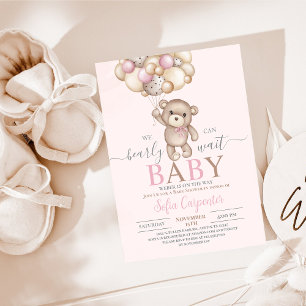 Pink Teddy Bear Balloons Baby Shower Girl Invitation