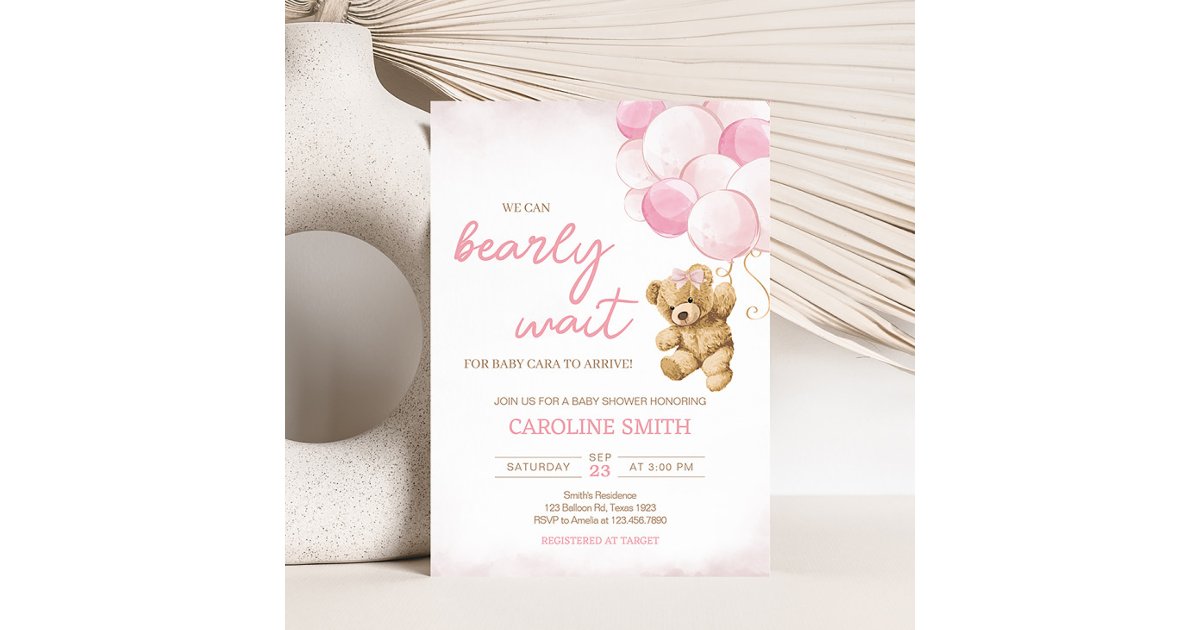 Pink Teddy Bear Balloons Baby Shower Invitation | Zazzle