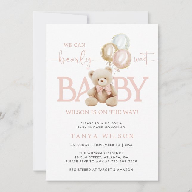 Pink Teddy Bear Balloons Baby Shower Invitation (Front)