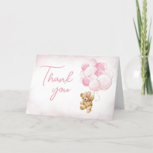 Pink Teddy Bear Balloons Baby Shower Letterpress Thank You Card