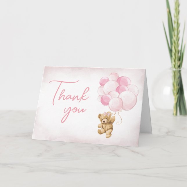 Pink Teddy Bear Balloons Baby Shower  Thank You Card (Front)