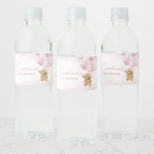 Pink Teddy Bear Balloons Baby Shower Water Bottle Label