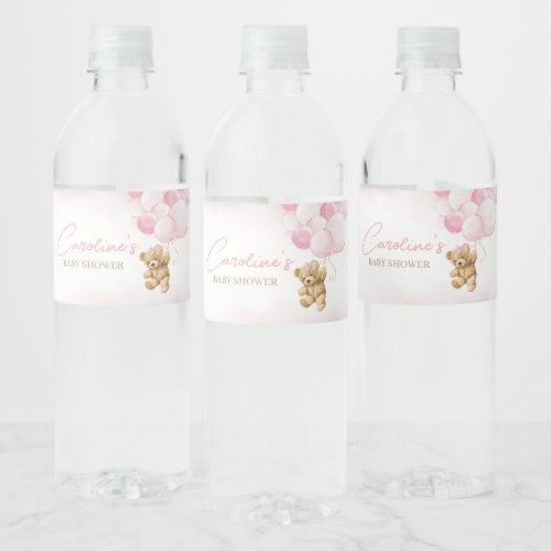 Pink Teddy Bear Balloons Baby Shower  Water Bottle Label