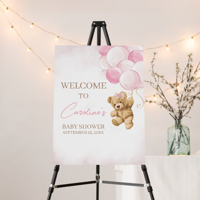 Pink Teddy Bear Balloons Baby Shower Welcome Sign (In Situ (Stand))