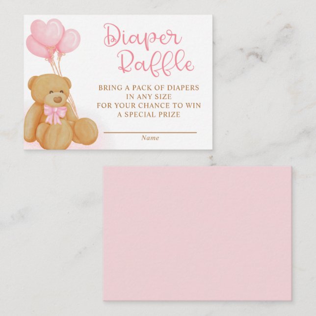Pink Teddy Bear Balloons Diaper Raffle Enclosure Card (Front/Back)
