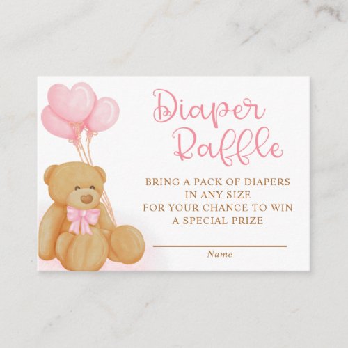 Pink Teddy Bear Balloons Diaper Raffle Enclosure Card