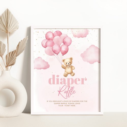 Pink teddy bear balloons Diaper raffle Poster