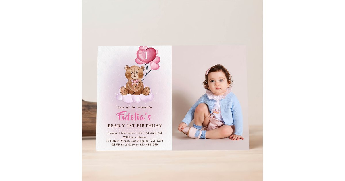 Pink Teddy Bear Balloons First Birthday Photo Invitation | Zazzle