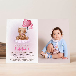 Pink Teddy Bear Balloons First Birthday Photo Invitation