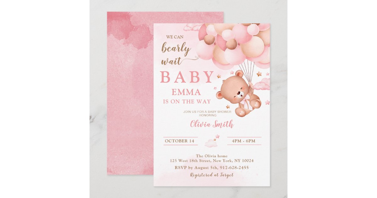 Pink Teddy Bear Balloons Girl Baby Shower Invitation | Zazzle