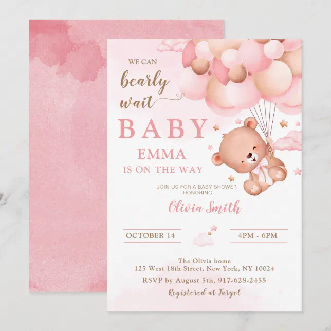 Pink Teddy Bear Balloons Girl Baby Shower Invitation | Zazzle
