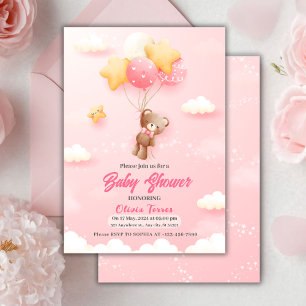 Pink Teddy Bear Balloons Girl Baby Shower  Invitation