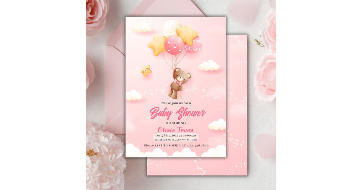 Pink Teddy Bear Balloons Girl Baby Shower Invitation | Zazzle