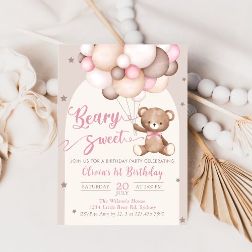 Pink Teddy Bear Balloons Girl Birthday Invitation