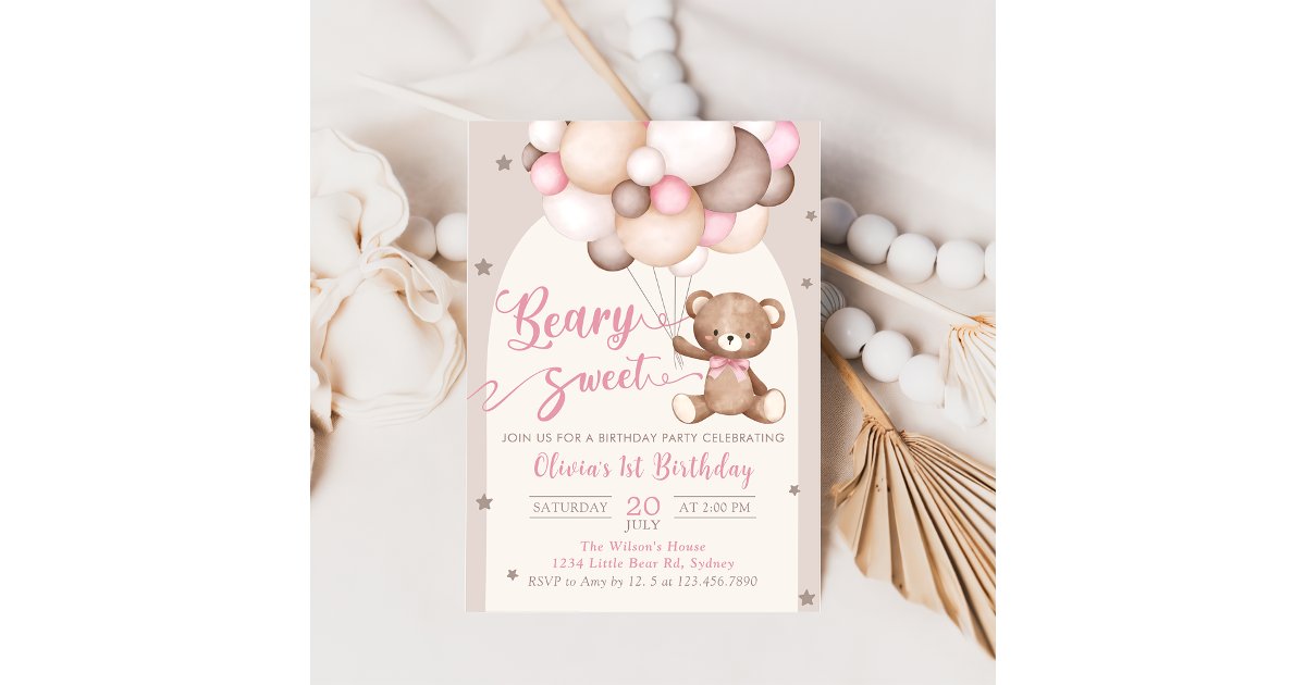 Pink Teddy Bear Balloons Girl Birthday Invitation | Zazzle