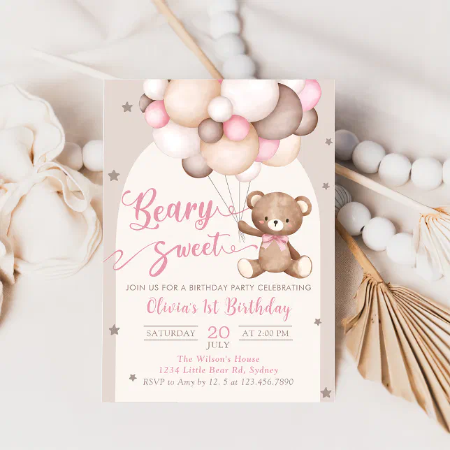 Pink Teddy Bear Balloons Girl Birthday Invitation | Zazzle
