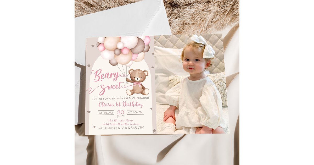 Pink Teddy Bear Balloons Girl Birthday Photo Invitation | Zazzle