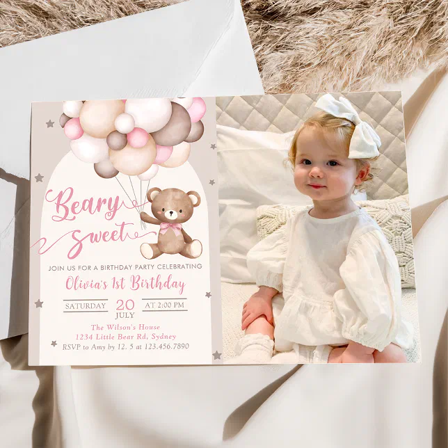 Pink Teddy Bear Balloons Girl Birthday Photo Invitation | Zazzle