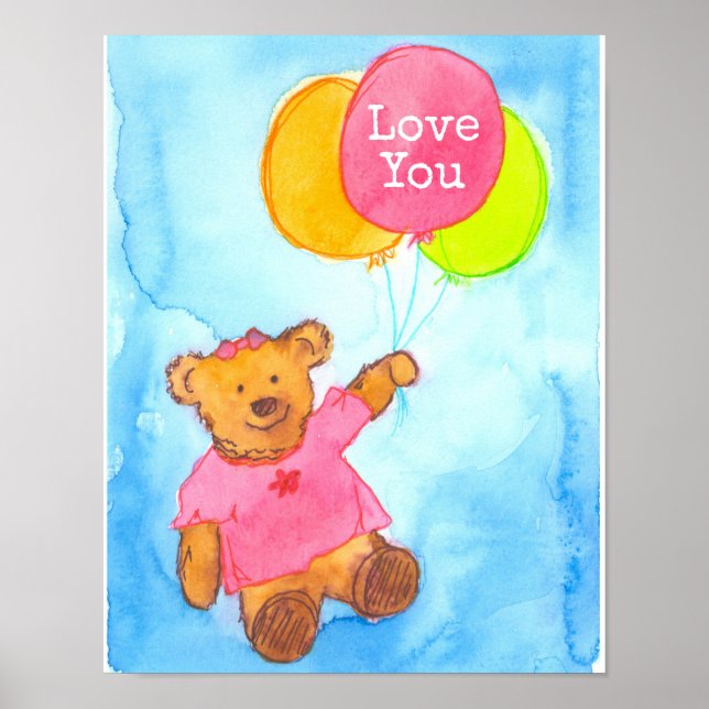 Pink Teddy Bear Balloons Love You Poster (Front)