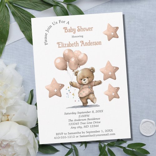 Pink Teddy Bear Balloons Stars Girl Baby Shower  Invitation