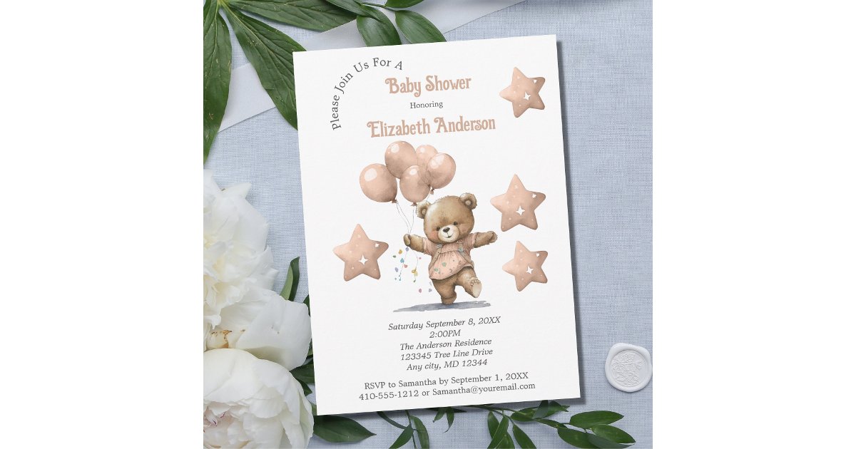 Pink Teddy Bear Balloons Stars Girl Baby Shower Invitation | Zazzle