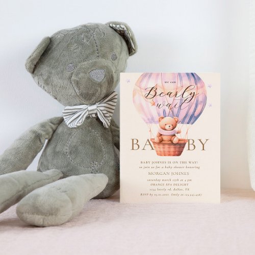 Pink Teddy Bear Bearly Wait Baby Shower Invitation