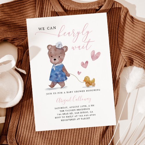 Pink Teddy Bear Bearly Wait Baby Shower Invitation