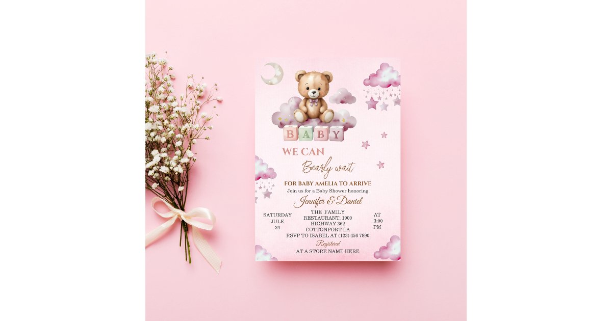 Pink Teddy Bear Bearly Wait Baby Shower Invitation | Zazzle