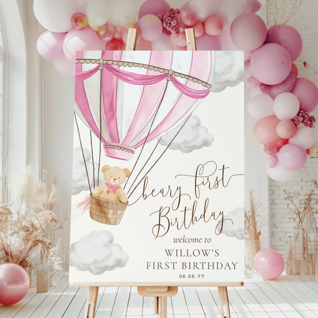 Pink Teddy Bear Beary First Birthday Welcome Sign (Creator Uploaded)
