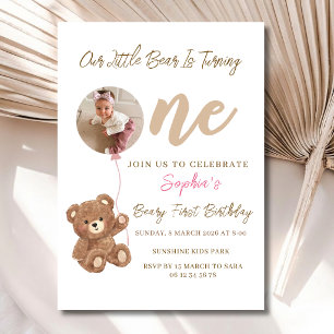 Pink Teddy Bear Beary First Photo Birthday  Invitation