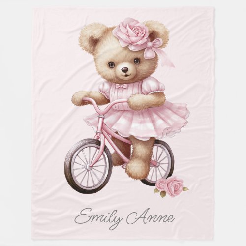 Pink Teddy Bear Bicycle Childs Name Fleece Blanket