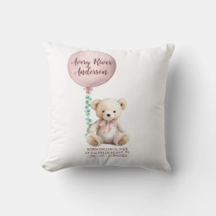 Pink Teddy Bear Birth Stats Baby Pillow