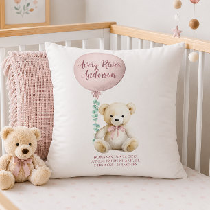 Pink Teddy Bear Birth Stats Baby Pillow
