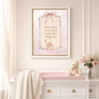 Pink Teddy Bear Birth Stats Nursery Poster