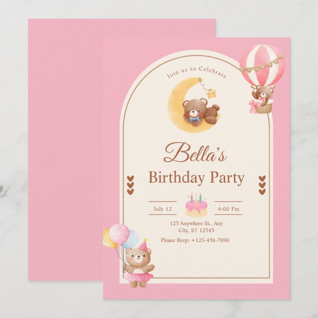 Pink Teddy Bear Birthday Invitation, Girl Birthday Invitation (Front/Back)