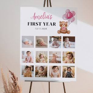 Pink Teddy Bear Birthday Photo Milestone Poster