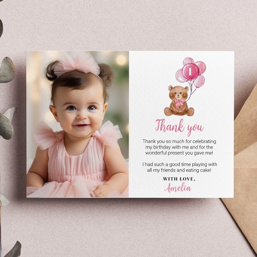 Pink Teddy Bear Birthday Photo Thank You Card