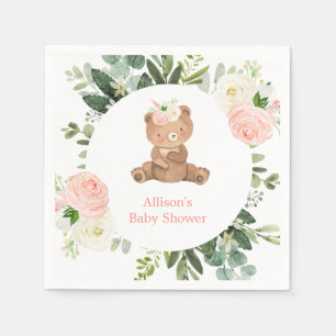 Pink teddy bear blush white greenery baby shower napkins