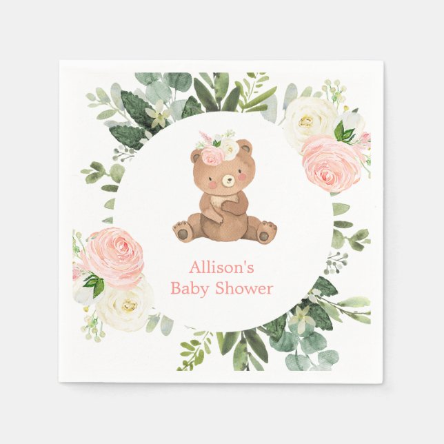 Pink teddy bear blush white greenery baby shower napkins (Front)