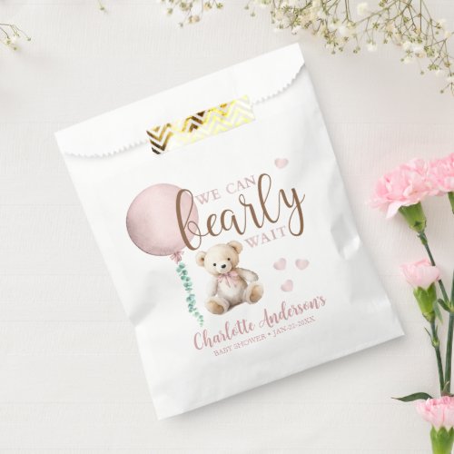 Pink Teddy Bear Can Bearly Wait Baby Shower Favor Bag