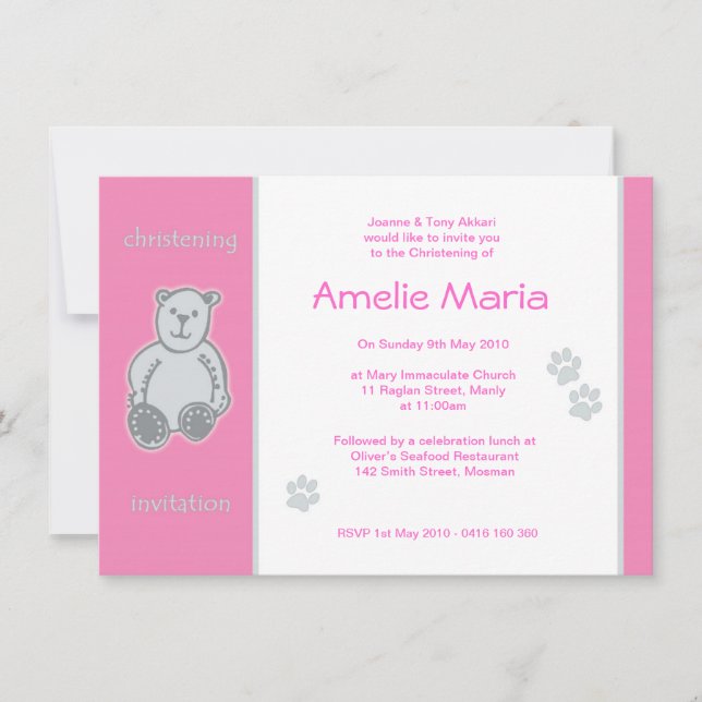 Pink Teddy Bear Christening Invitations (Front)