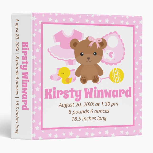 Pink Teddy Bear Clothes Baby Photo Album 3 Ring Binder (Front/Spine)
