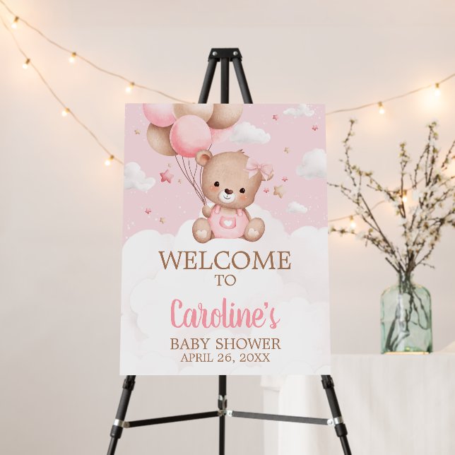 Pink Teddy Bear Clouds Baby Shower Welcome Sign (In Situ (Stand))