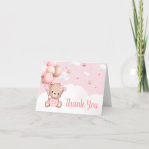 Pink Teddy Bear Clouds Balloon Baby Shower Letterpress Thank You Card